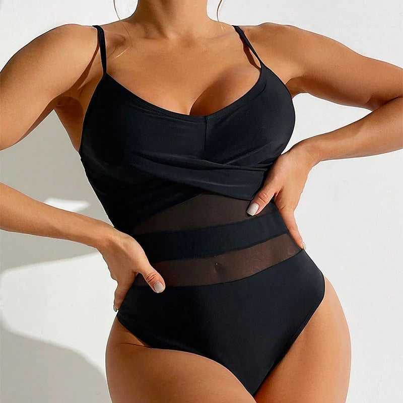 Women Mesh-Panel High-Cut One-Piece Swimsuit