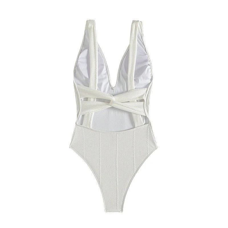 Women Ribbed V-Neck One-Piece Swimsuit