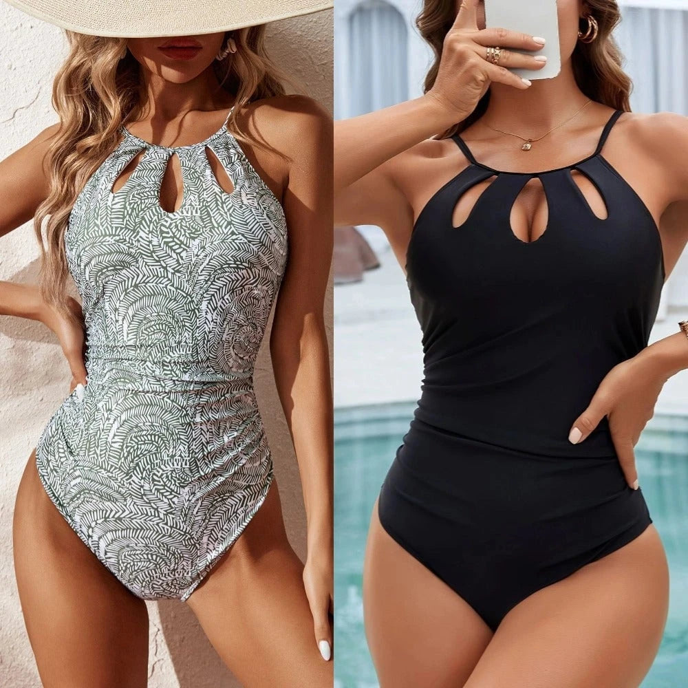 Women's High-Cut Swimsuit with Fashionable Cut-Out and Trendy Plant Pattern