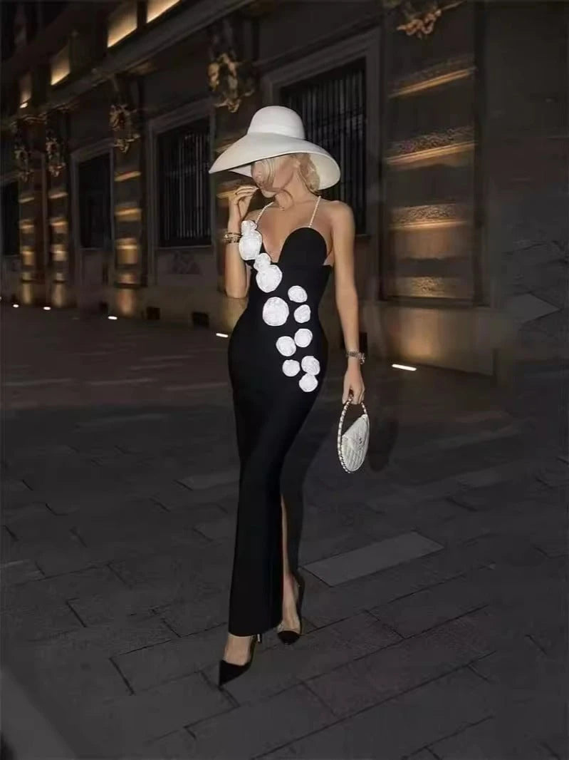 Ladies Elegant Maxi Dress with Decorative Rose Applications and Slim Cut