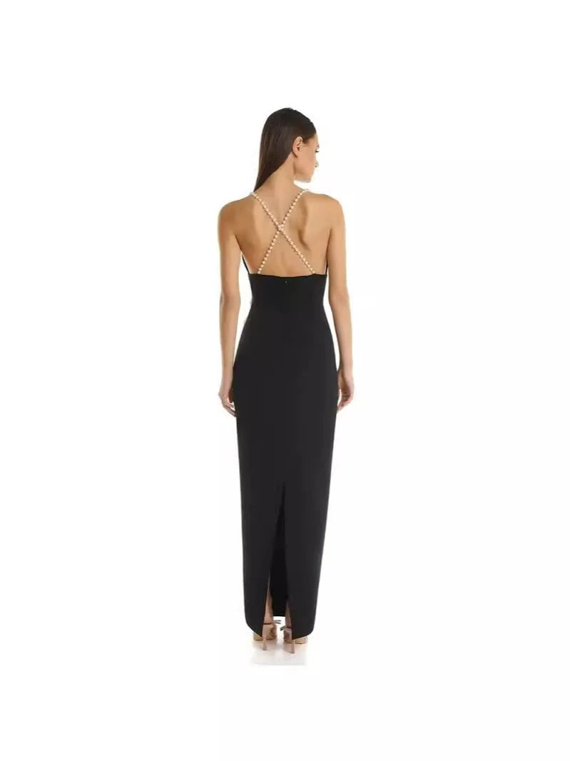 Ladies Elegant Maxi Dress with Decorative Rose Applications and Slim Cut