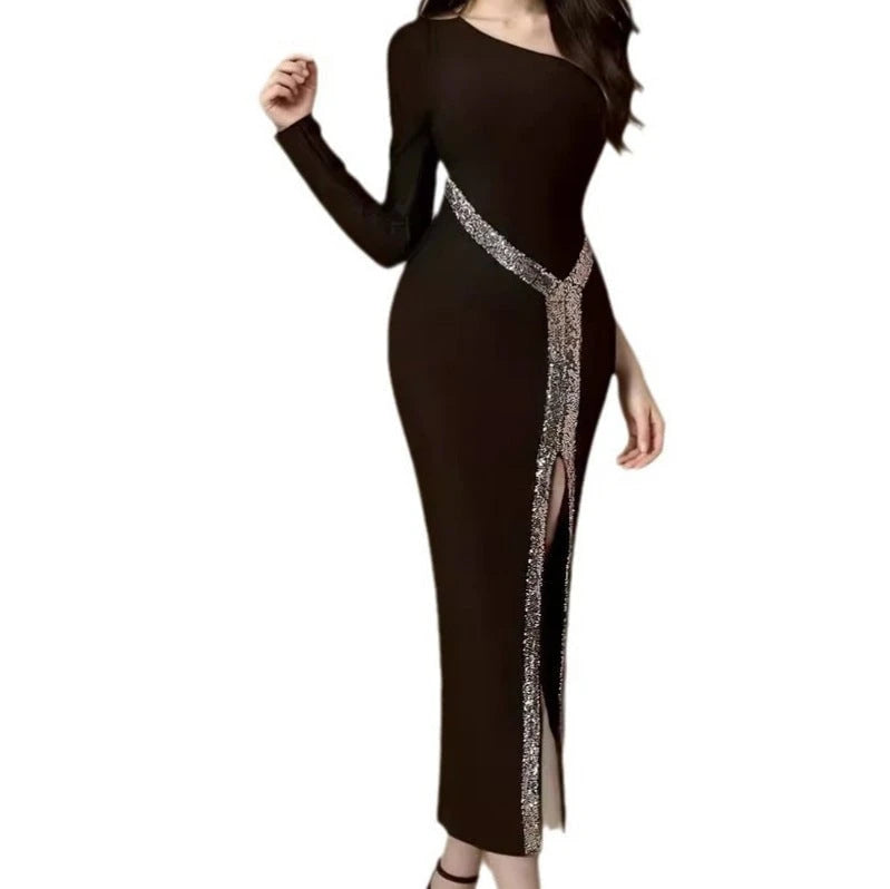 Women's Elegant Evening Dress with Asymmetric Cut and Sparkling Sequin Decoration