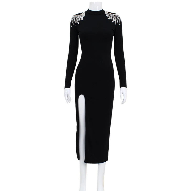 Ladies Elegant Evening Dress with High Collar and Side Split