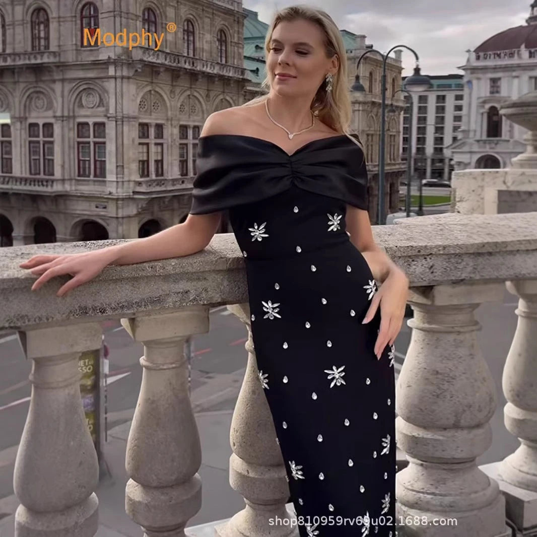 Ladies Elegant Evening Dress with Off-Shoulder Design and Sparkling Appliqués