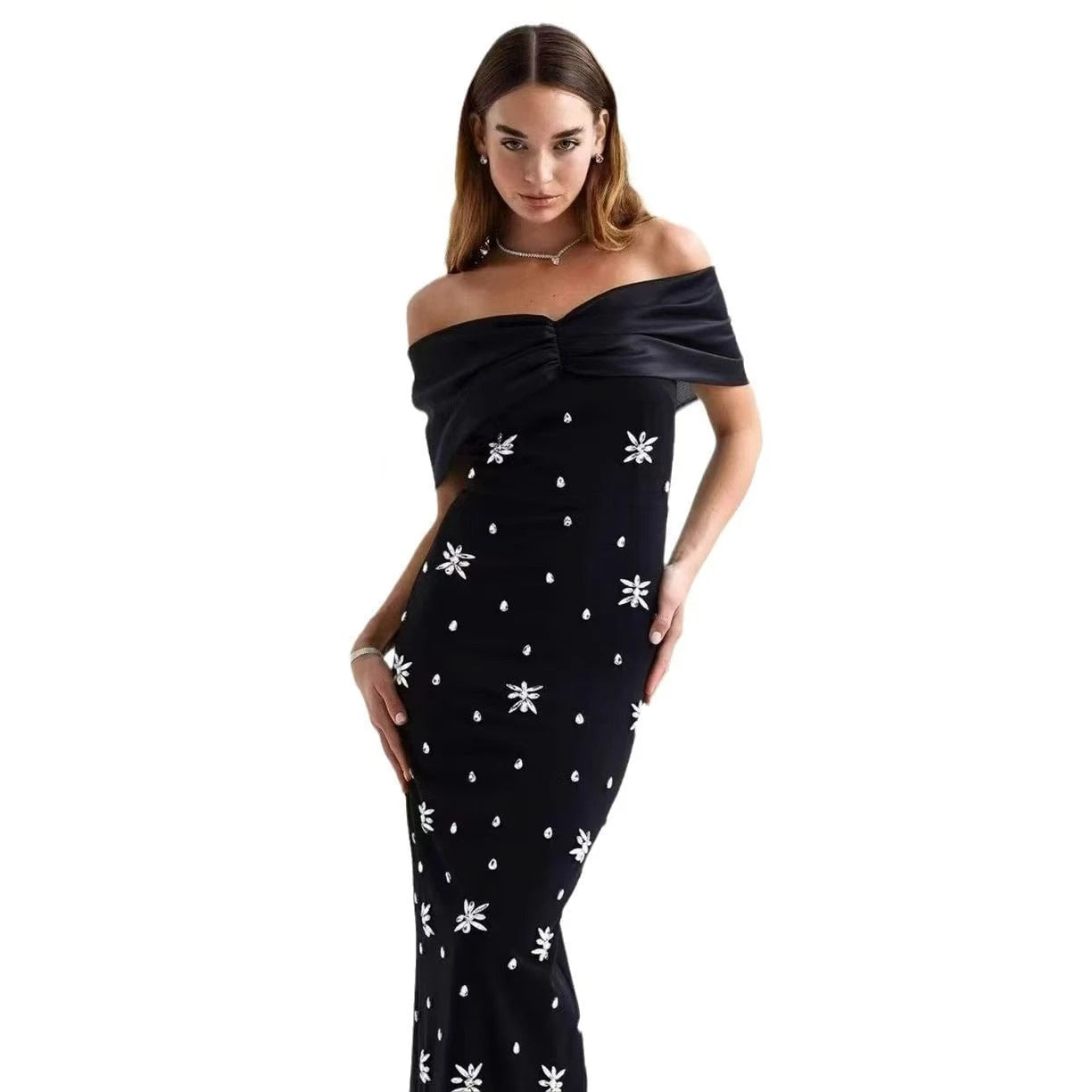 Ladies Elegant Evening Dress with Off-Shoulder Design and Sparkling Appliqués