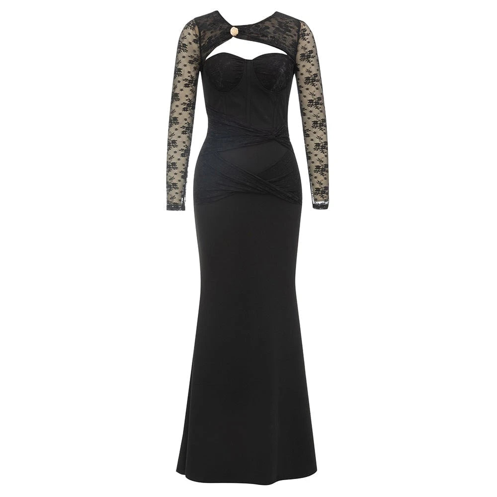 Women's Elegant Evening Dress with Deep Heart Neckline and Transparent Sleeve Accents