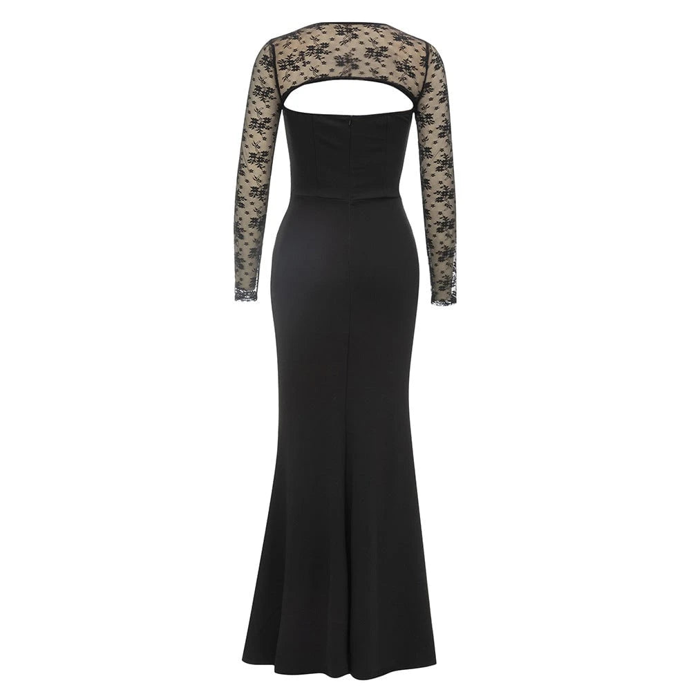 Women's Elegant Evening Dress with Deep Heart Neckline and Transparent Sleeve Accents