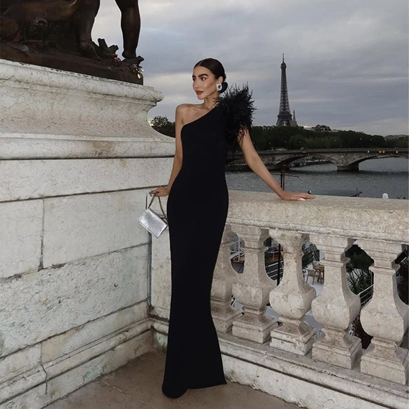 Women's Elegant Bodycon Evening Dress with Asymmetric Strap and Feather Details