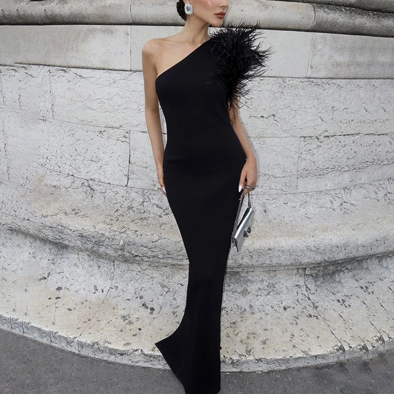 Women's Elegant Bodycon Evening Dress with Asymmetric Strap and Feather Details