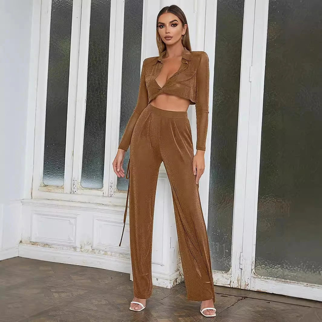 Women's Elegant Cropped Blazer Set with Side Slit and Long Sleeves