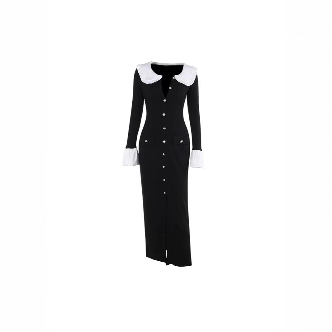 Women's Elegant Dress with Detachable Collar and Side Slit