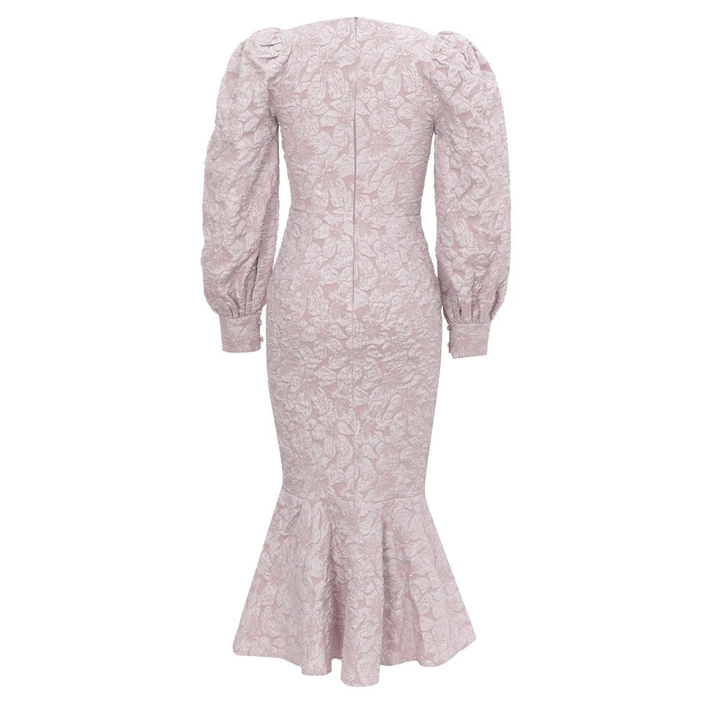 Women Elegant Dress with Floral 3D Applications and Puff Sleeves