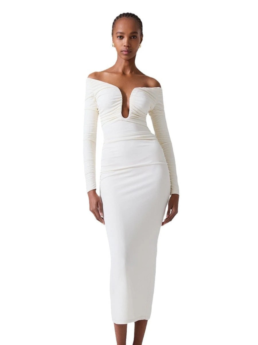 Women's Elegant Dress with Off-Shoulder Design and Sophisticated Ruffles