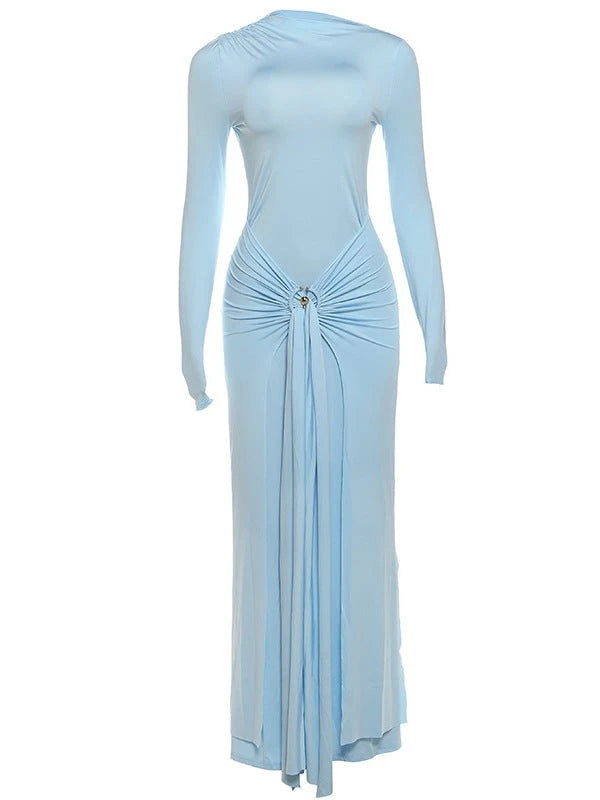Ladies Elegant Long Sleeve Dress with Refined Draping and Jewelry Detail