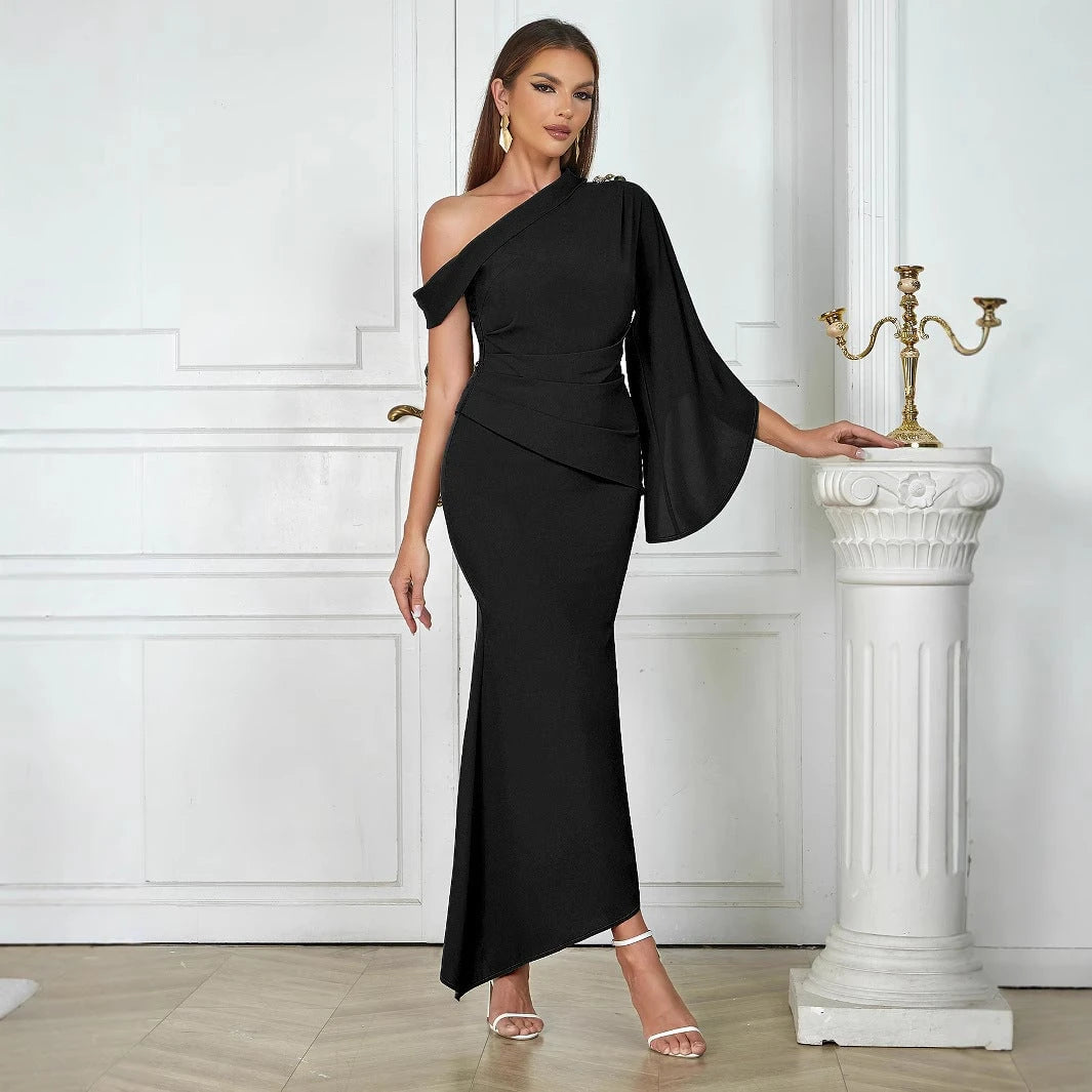 Ladies Elegant Maxi Dress with Asymmetric Cut and Dramatic Sleeve