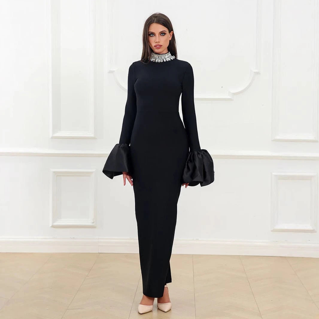 Women Elegant Maxi Dress with Long Statement Sleeves and Elaborate Crystal Collar