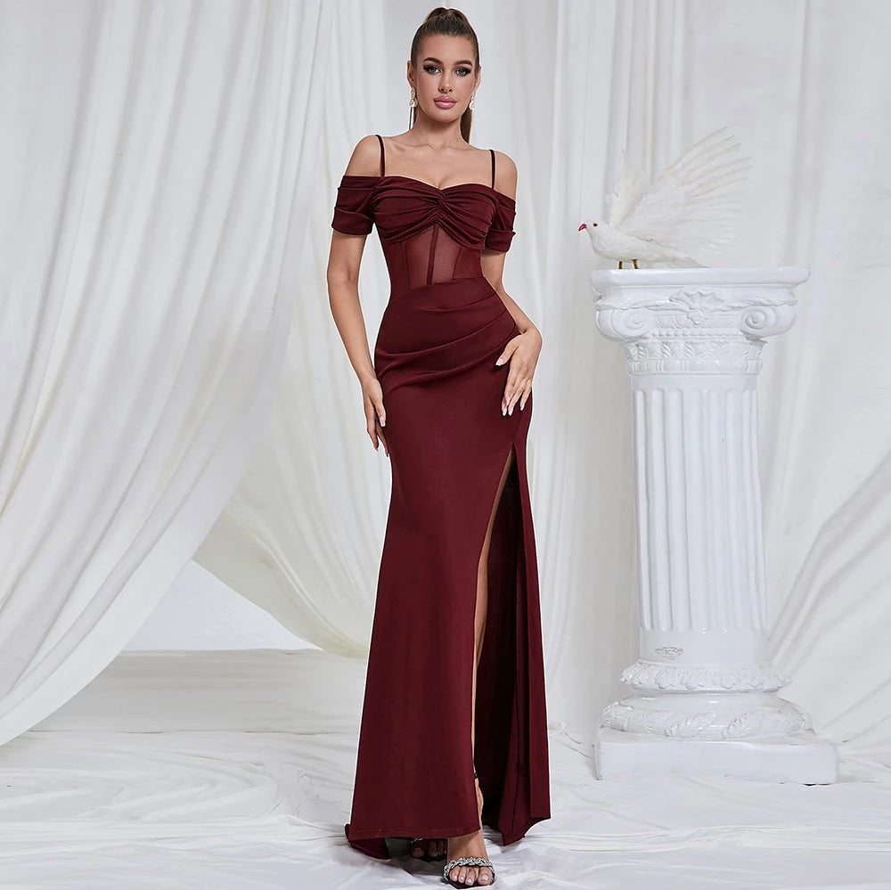 Women's Elegant Maxi Dress with Gatherings and Side Slit