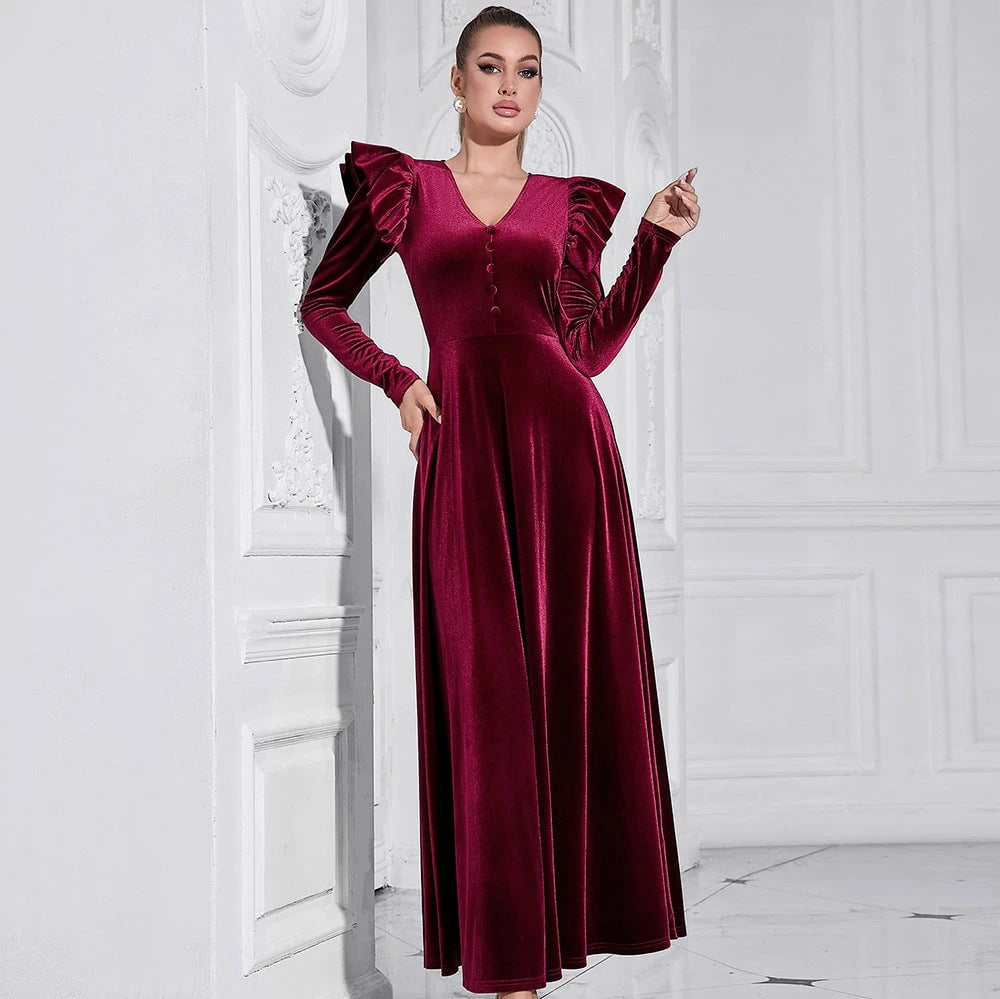 Ladies Elegant Maxi Dress with Ruffle Details and Deep V-Neck