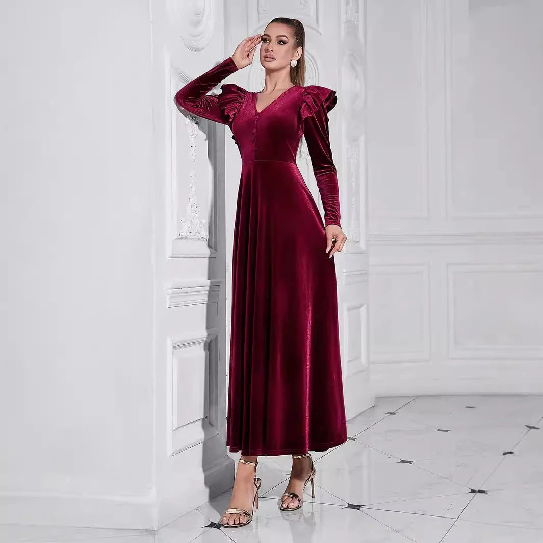 Ladies Elegant Maxi Dress with Ruffle Details and Deep V-Neck