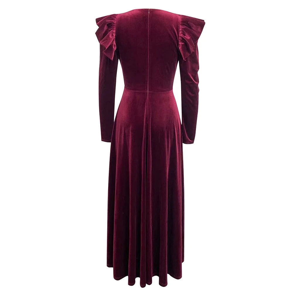 Ladies Elegant Maxi Dress with Ruffle Details and Deep V-Neck