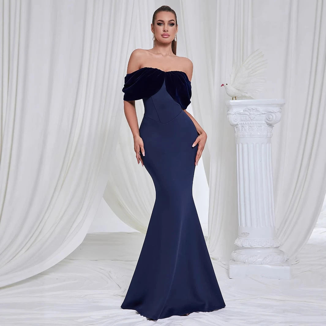 Ladies Elegant Mermaid Evening Dress with Off-Shoulder Design and Voluminous Puff Sleeves