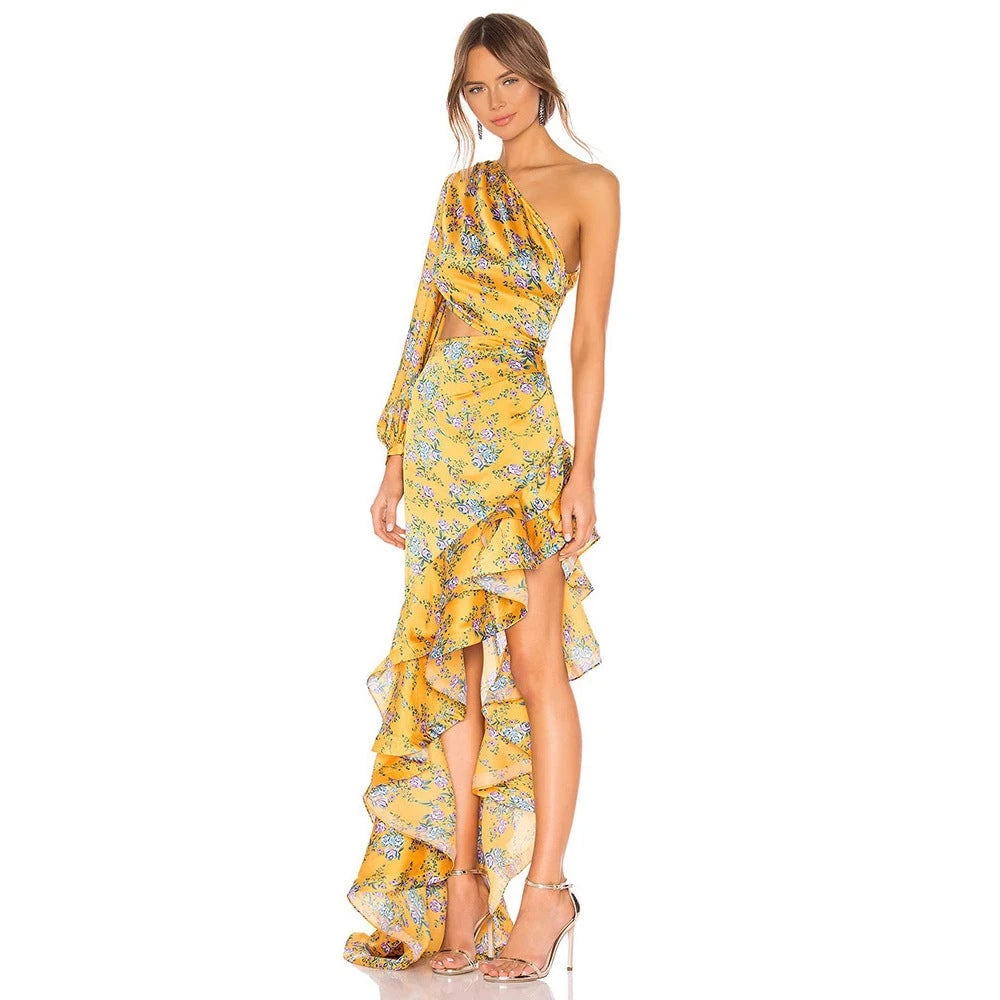 Ladies Elegant Ruffle Dress with Asymmetric Cut and Floral Design