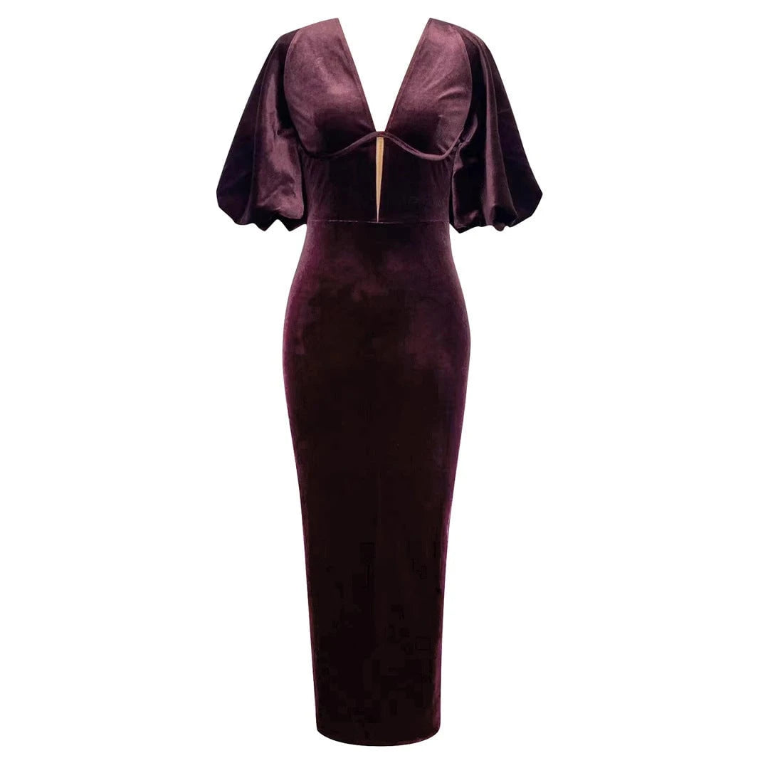 Ladies Elegant Velvet Maxi Dress with Deep V-Neck and Puff Sleeves