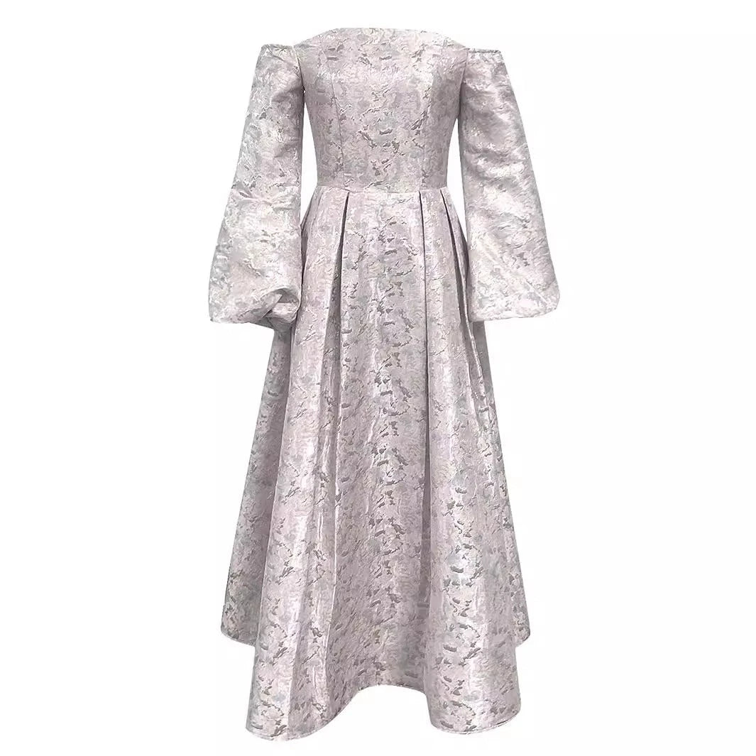 Ladies Festive Off-Shoulder Midi Dress with Voluminous Sleeves and Elegant Waist