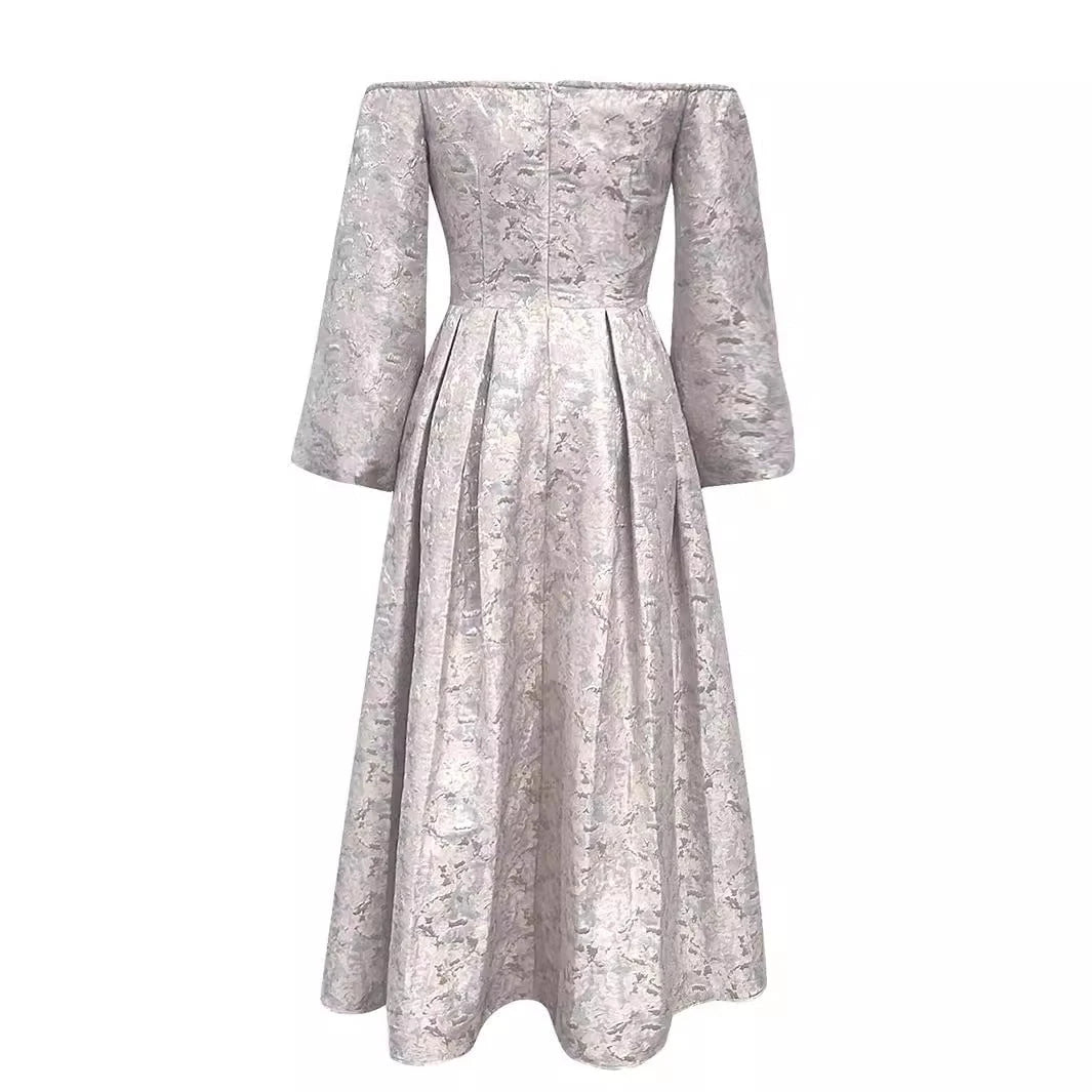 Ladies Festive Off-Shoulder Midi Dress with Voluminous Sleeves and Elegant Waist