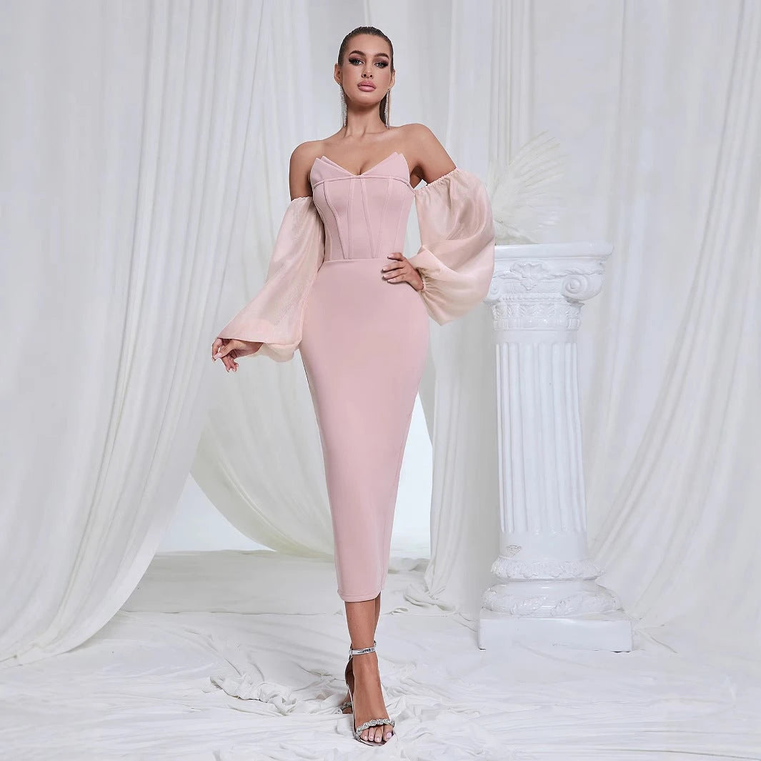 Women's Figure-Hugging Evening Dress with Puff Sleeves