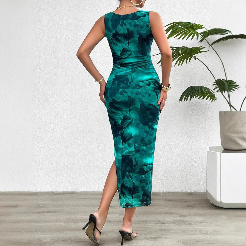 Women's figure-flattering maxi dress with elegant slit and sophisticated draping design