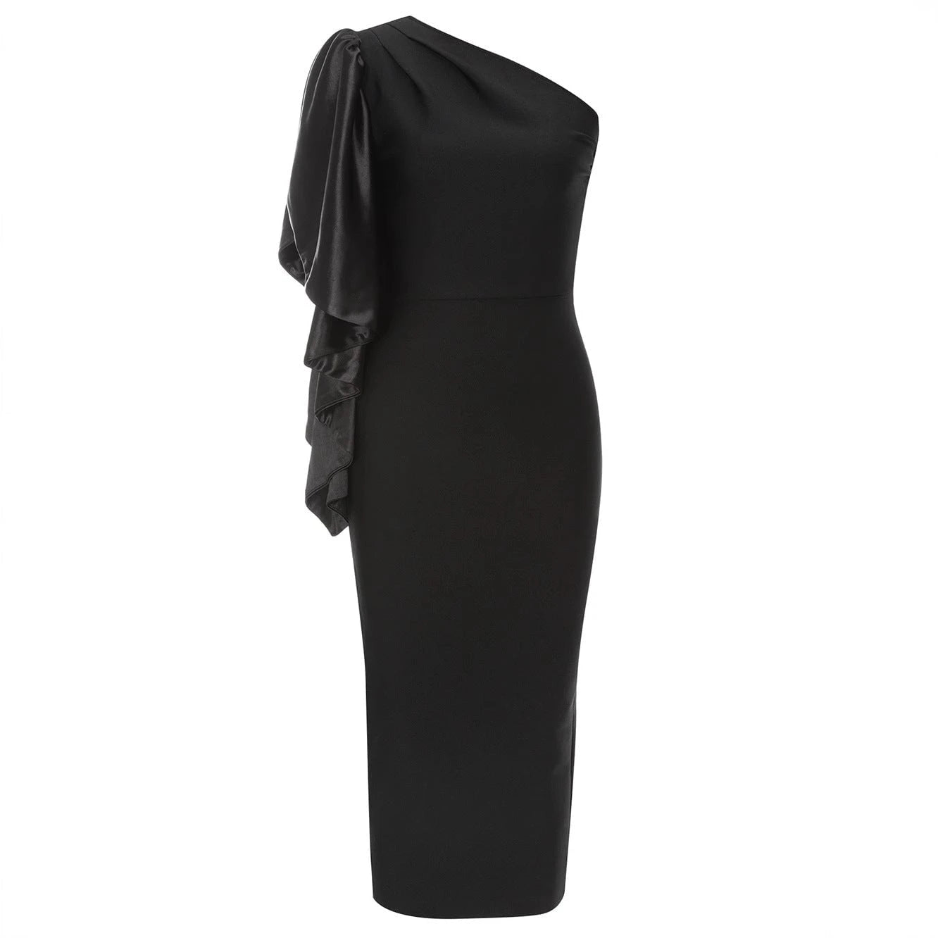 Ladies figure-flattering wrap dress with one sleeve and ruffles