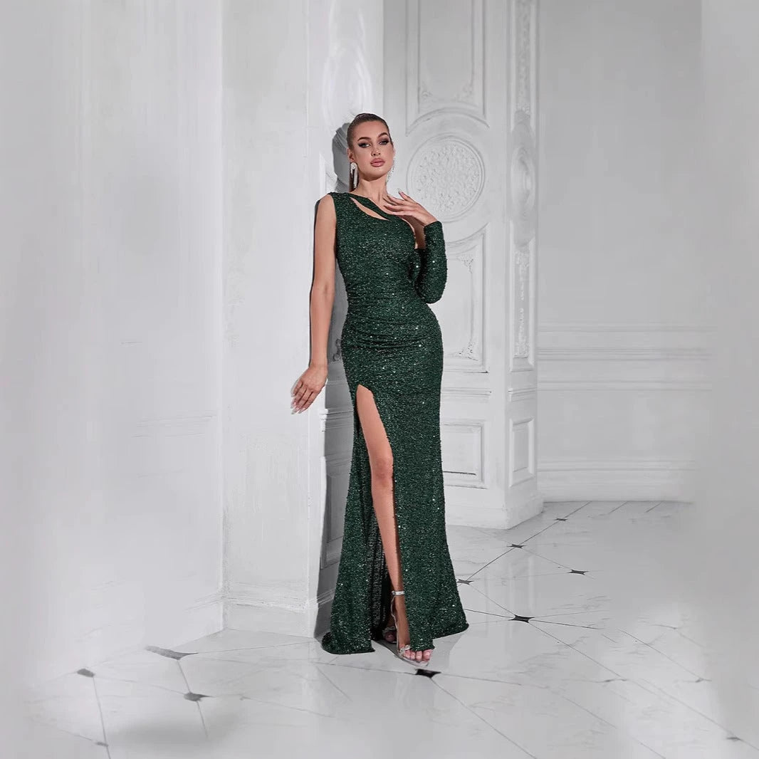 Women's Glamorous Evening Dress with Asymmetric Cut-Out and Sparkling Sequins