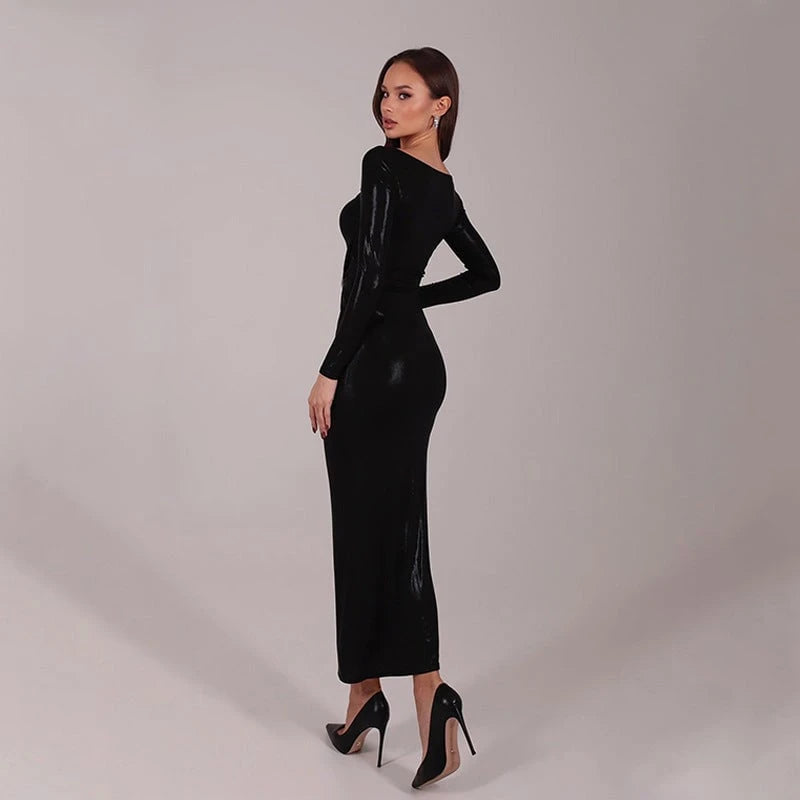 Ladies Glittering Evening Dress with Cut-Outs and Elegant Ring Detail