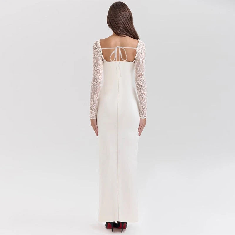 Women's High-Quality Dress with Lace Sleeves and Corset Neckline