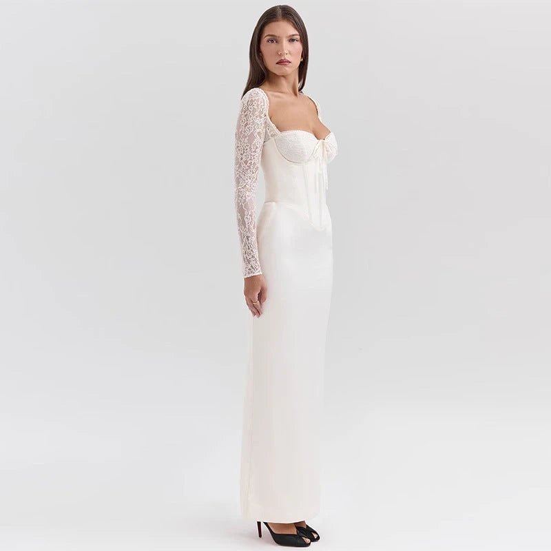 Women's High-Quality Dress with Lace Sleeves and Corset Neckline
