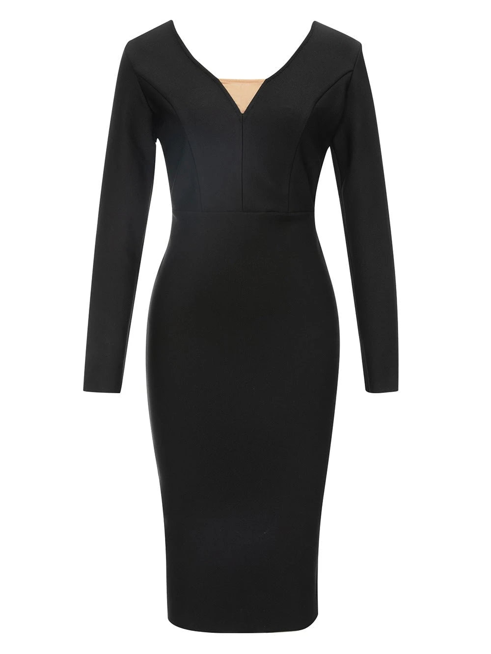 Women's Bodycon Midi Dress with Deep V-Neck and Long Sleeves