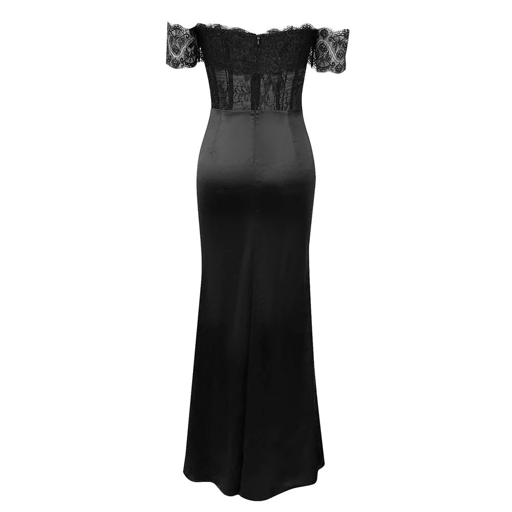 Women's Off-Shoulder Evening Dress with Lace Top and Bodycon Design
