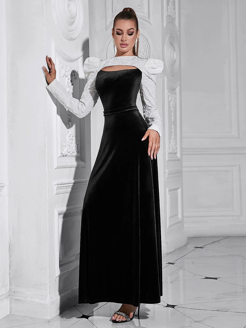 Ladies Velvet Evening Dress with Puff Sleeves and Transparent Top