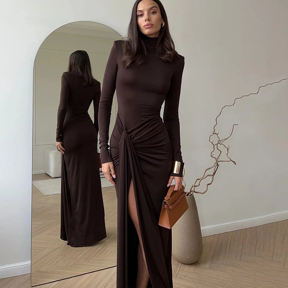 Women's Chic Maxi Dress with High Collar and Sophisticated Draping Design