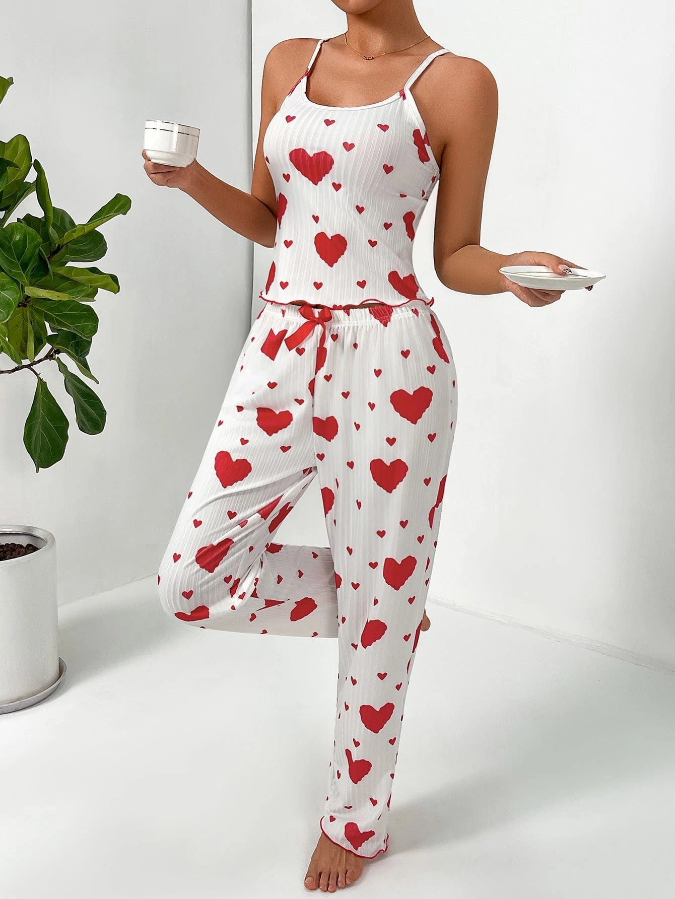 Women's pajama set with playfully textured heart motif