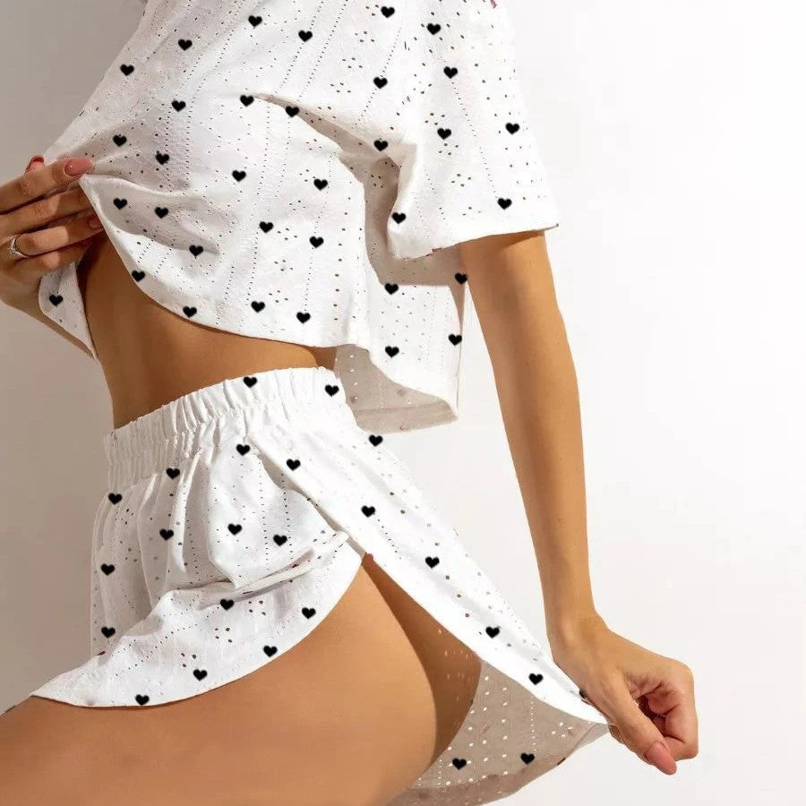 Women's pajama set with airy texture and playful heart design