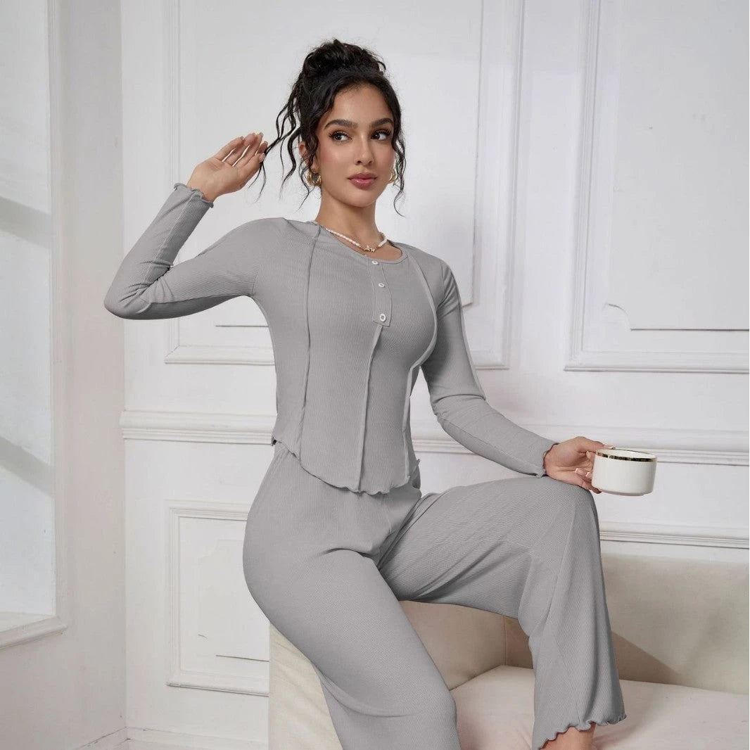 Women's Pajama Set with Elegant Button Placket and Ruffled Sleeves