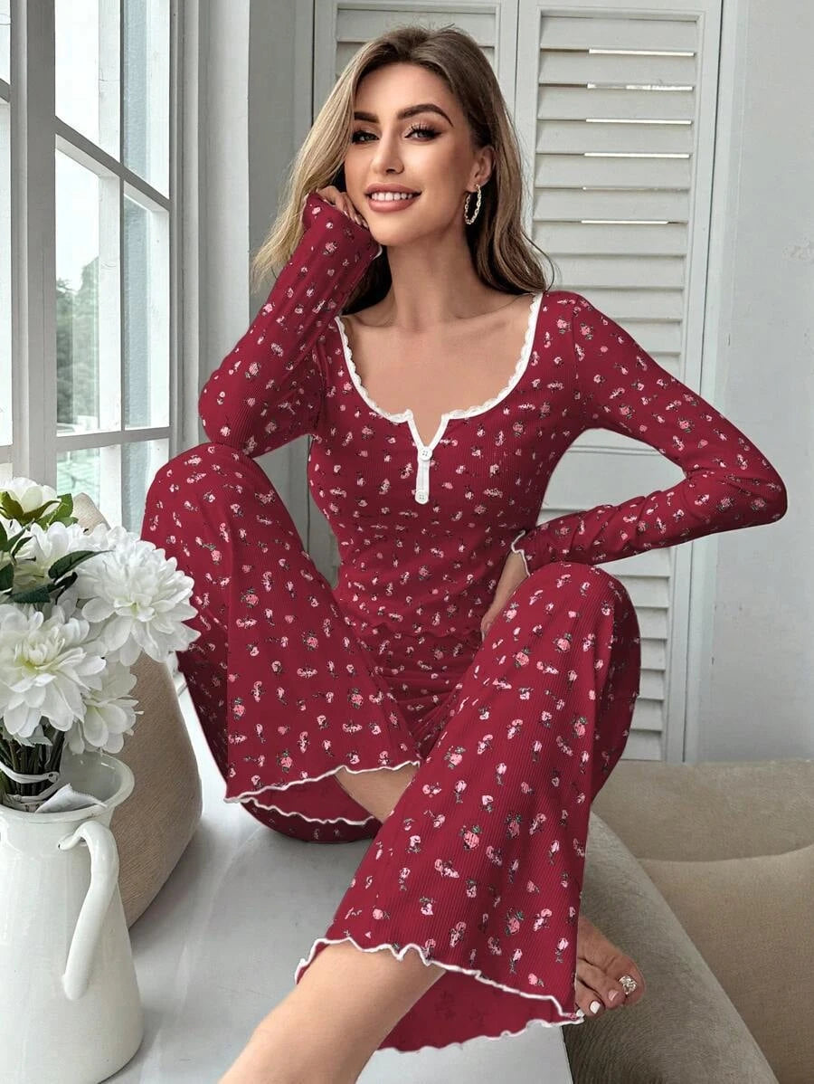 Women's Pajama Set with Lace Trim and Floral Design