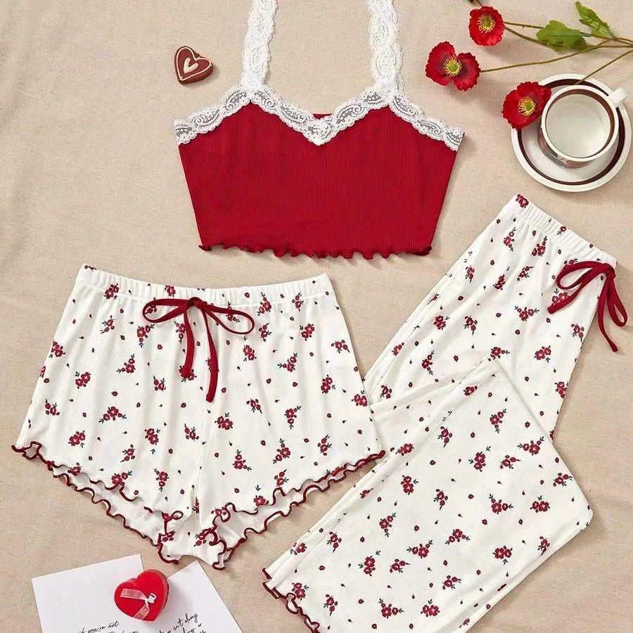 Ladies' pajama set with lace-trimmed straps and floral design