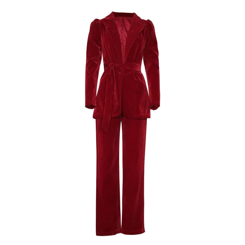 Women Blazer Suit with Voluminous Puff Sleeves and Tailored Belt