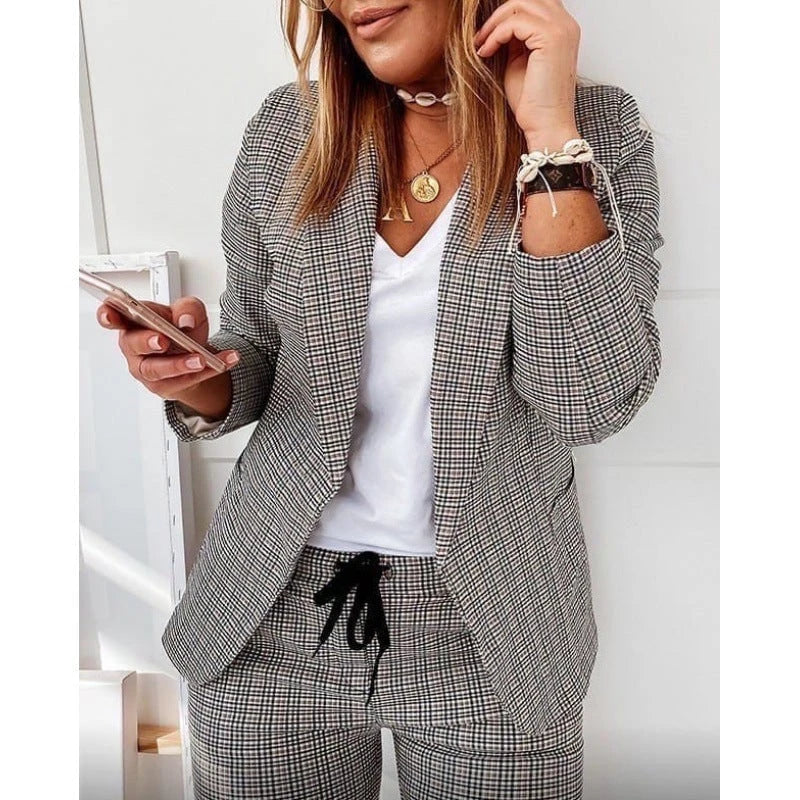 Ladies elegant check pattern suit set