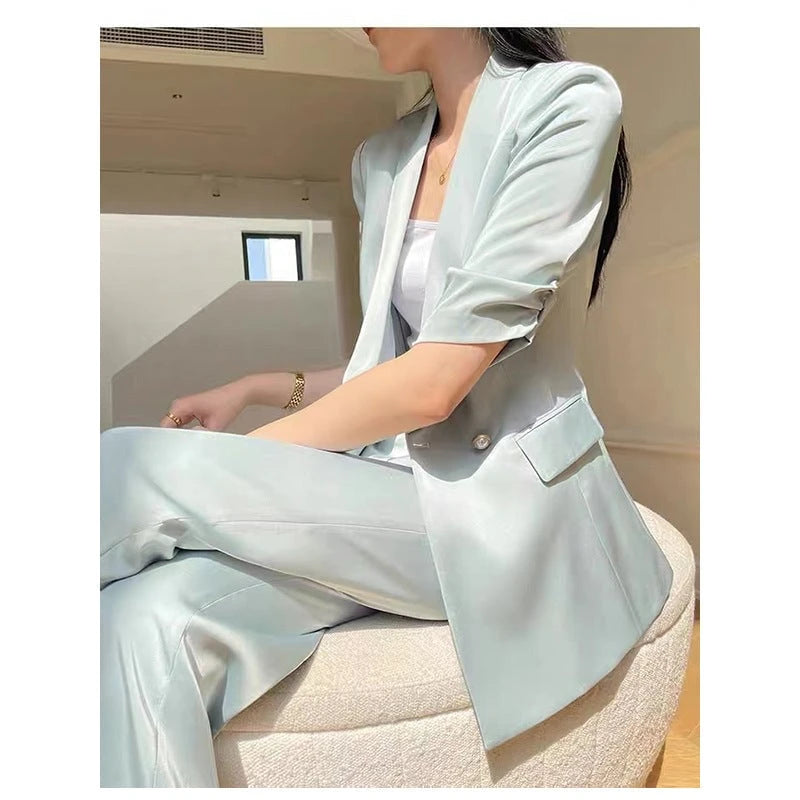 Women Satin-Look Tailored Blazer and Pantsuit