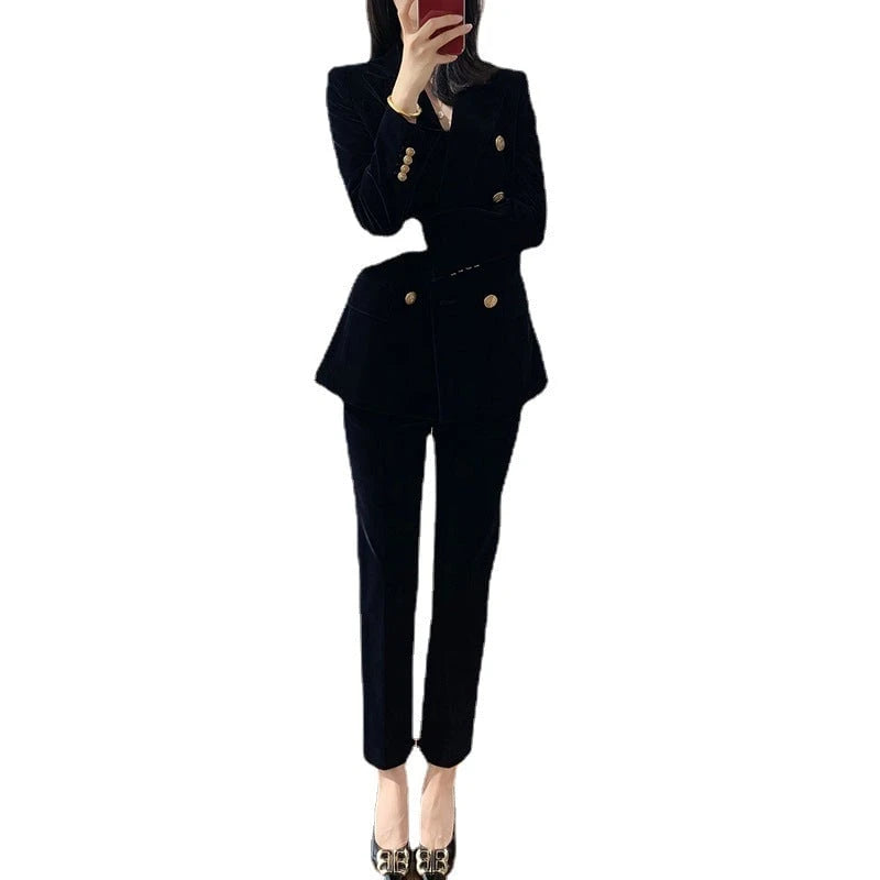 Ladies Velvet Double-Breasted Suit Set