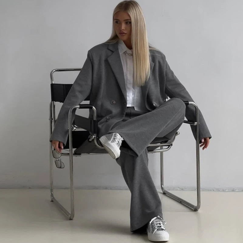 Women's elegant and casual suit set with double button placket and wide leg